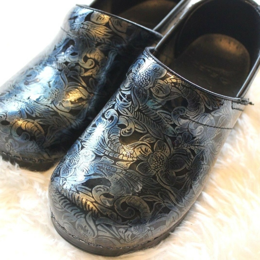 Dansko PRO Tooled Black Leather Slip On Clogs